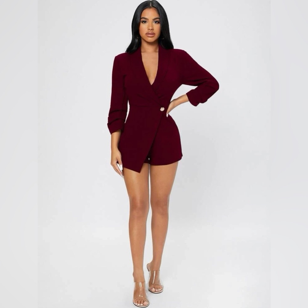 NWOT Solid Shawl Collar Wrap Romper in Burgundy - Size Petite XS or 2